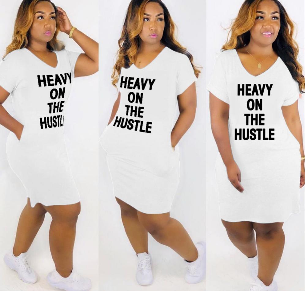 "Heavy On The Hustle" V-Neck Oversized T-Shirt Dress w/ Pockets to 3X Plus Size