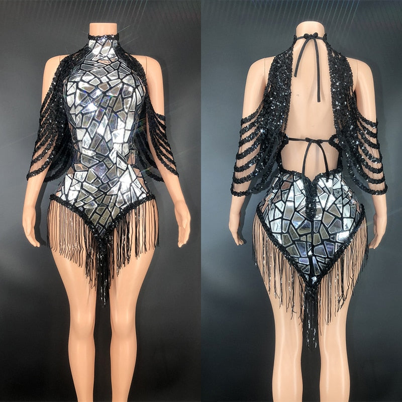 Mirror Metallic Silver Sequin Backless Dance Stage Performance Costume Bodysuit