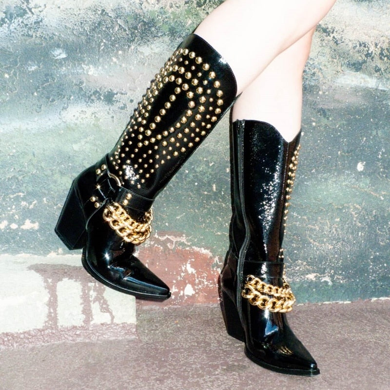 Rivet Gold Chain Leather Knee High Pointed Toe Cowboy Boots