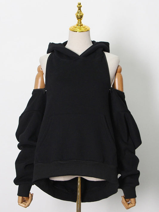 Open Shoulder Hollow Out Minimalist Women's Hooded Sweatshirt