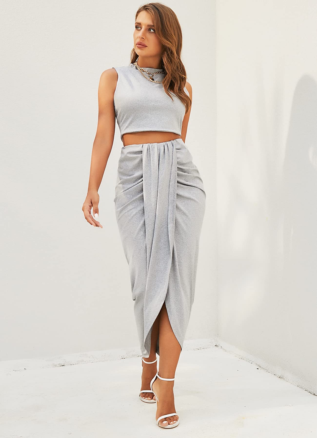 Sleeveless Crop Tank Top + Side Slit Twist Skirt 2-Piece Set