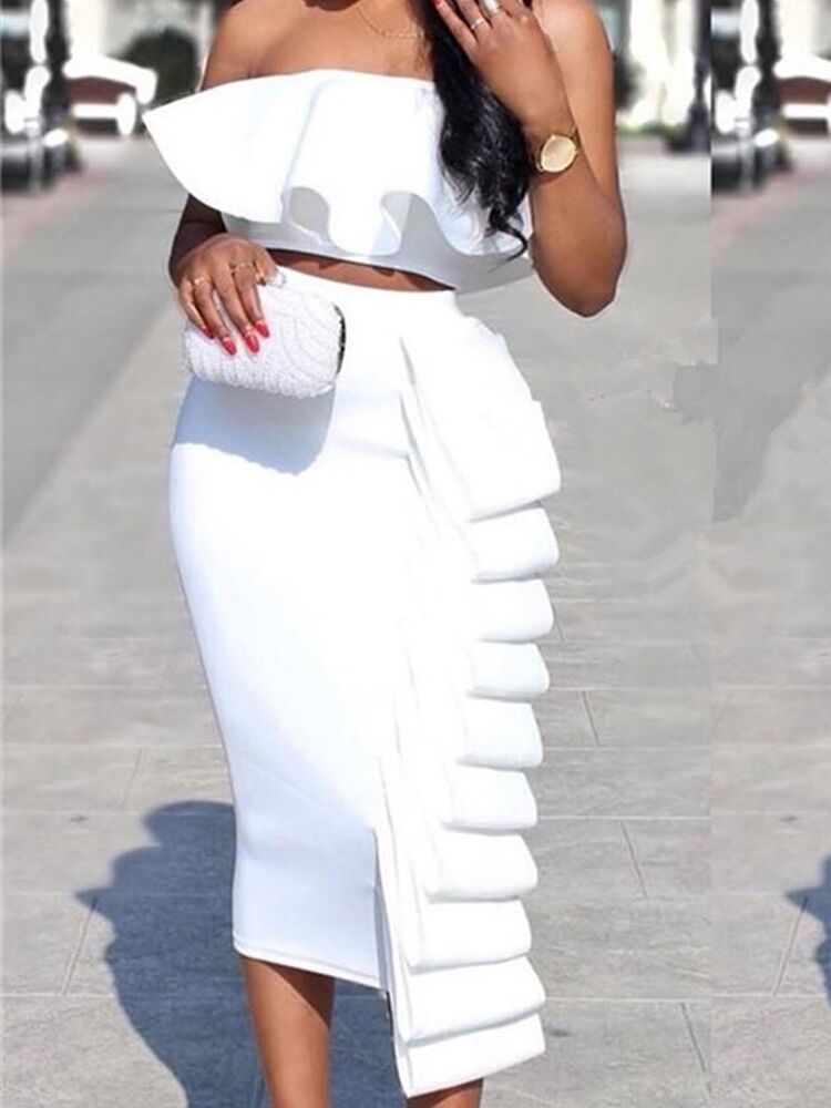 Ruffled Off Shoulder Backless Sleeveless Crop Top + Matching Maxi Skirt