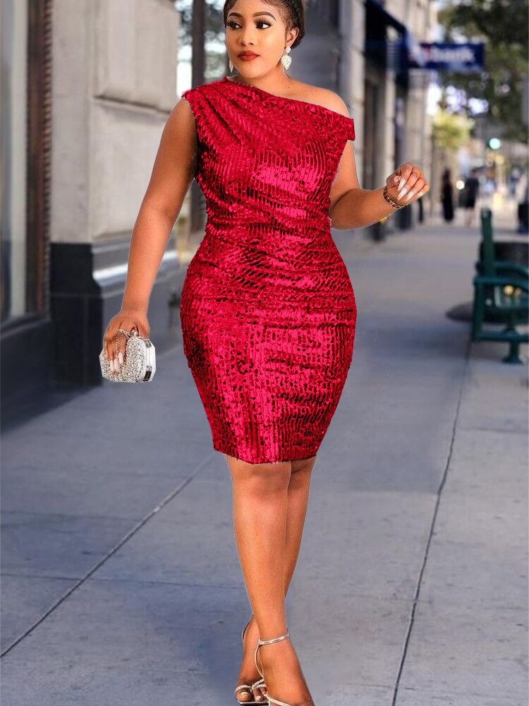 Asymmetrical One Shoulder Sequin Plus Size Bodycon Sleeveless Mini Dress to 4X