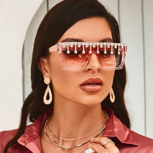 Dripping Iced Out Crystal Rhinestone Tassel Drop Oversized UV400 Ladies Sunglasses