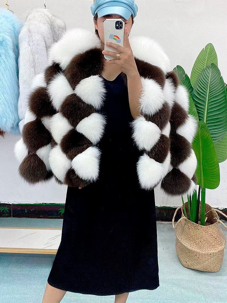 REAL FOX FUR Ladies Plaid Checkerboard Pattern Jacket