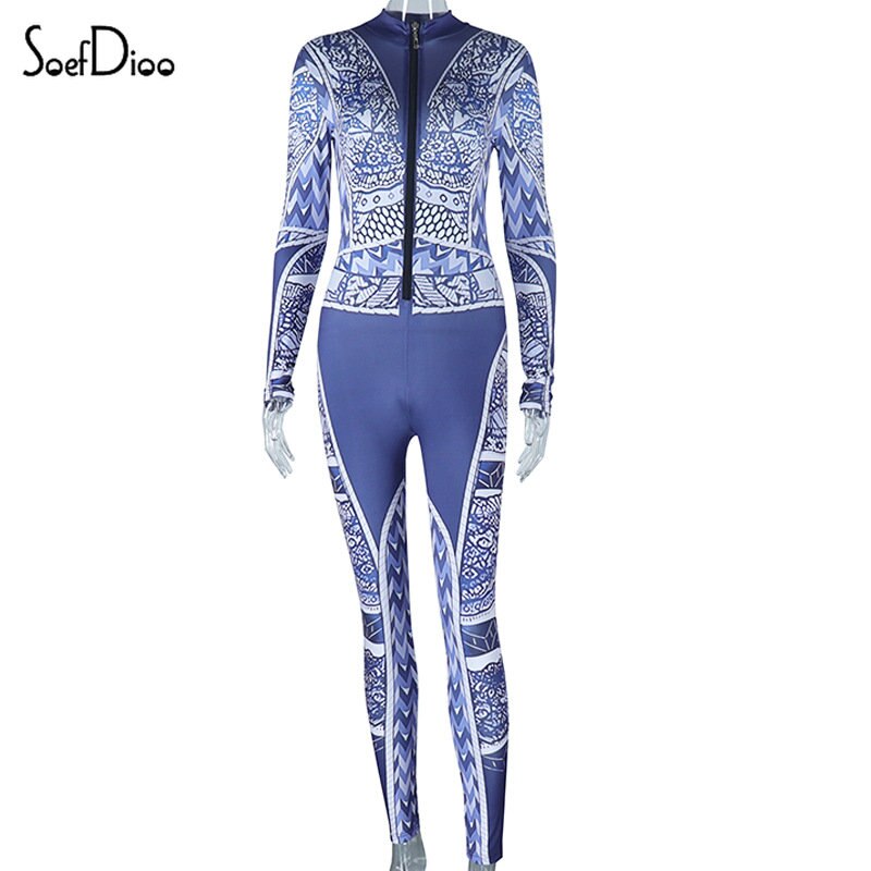 Aesthetic Print Zipper Long Sleeve Bodycon Jumpsuit