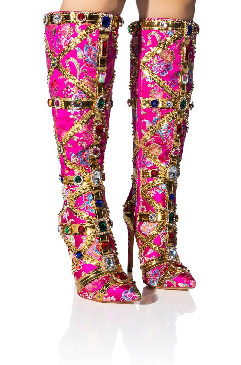 Crystal Buckle Mental Heels Side Zipper Colorful Over the Knee Boots