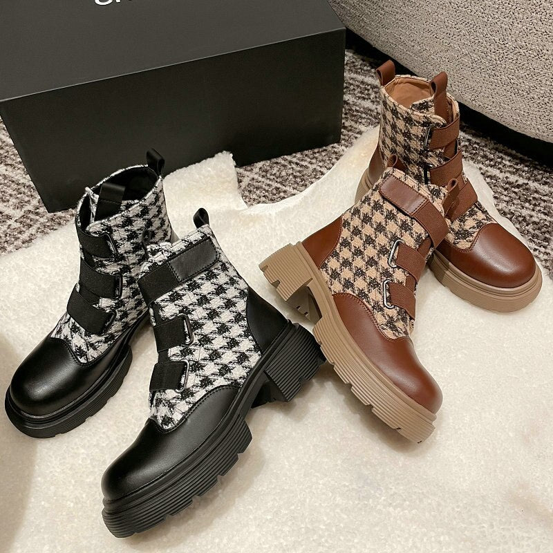 Ladies Genuine Cow Leather Houndstooth Plaid Checked Round Toe Ankle Boots