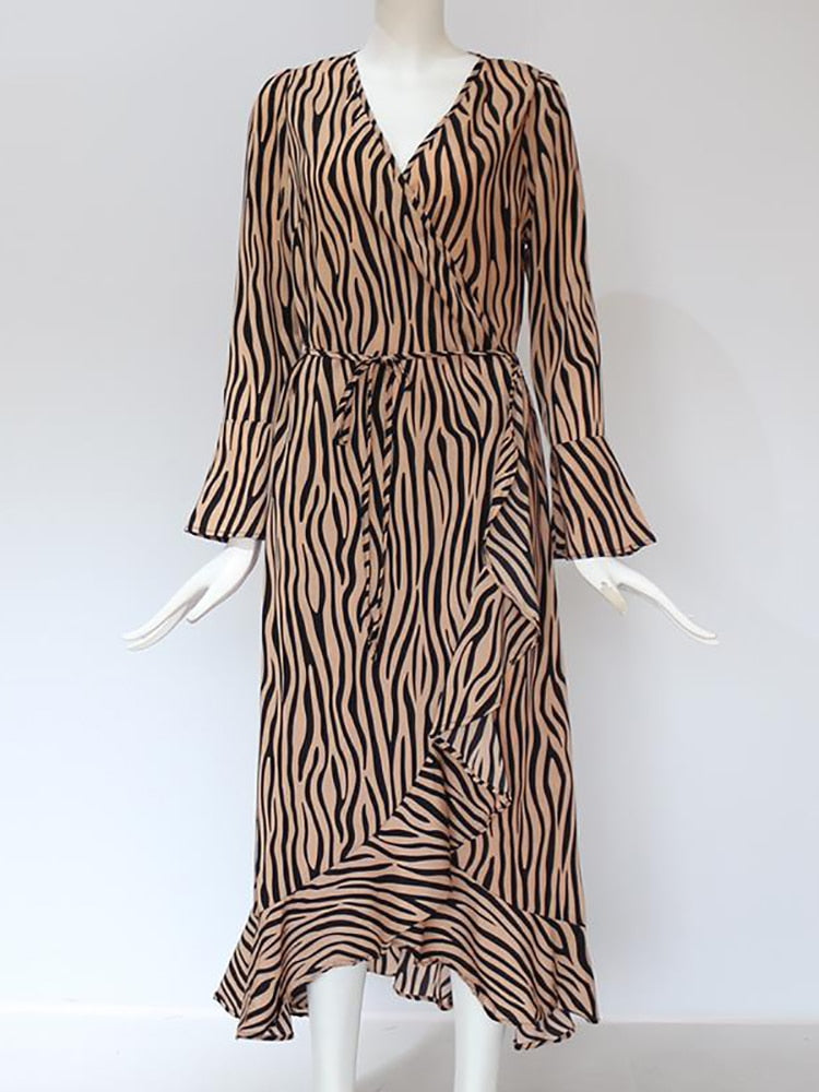 Zebra Print Bohemian Long Sleeve V-Neck Ruffled Party Dress