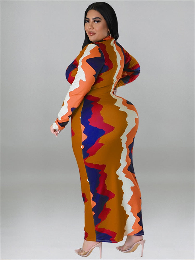 Tie-Dye Colorblock Turn Down Collar Long Sleeve V-Neck Maxi Dress Plus to 5X