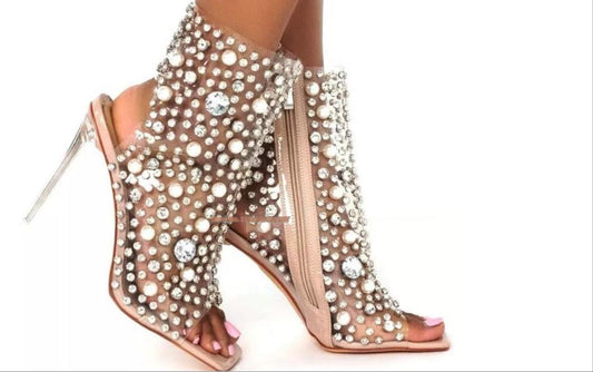 PVC Peep Toe Women's High Heel Diamonds Transparent Ankle Boots