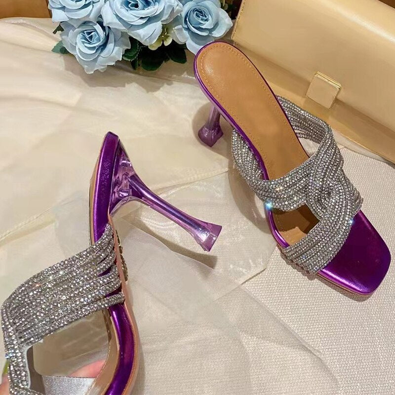 Rhinestone High Heel Peep Toe Crystal Cross Strap Mule Sandals