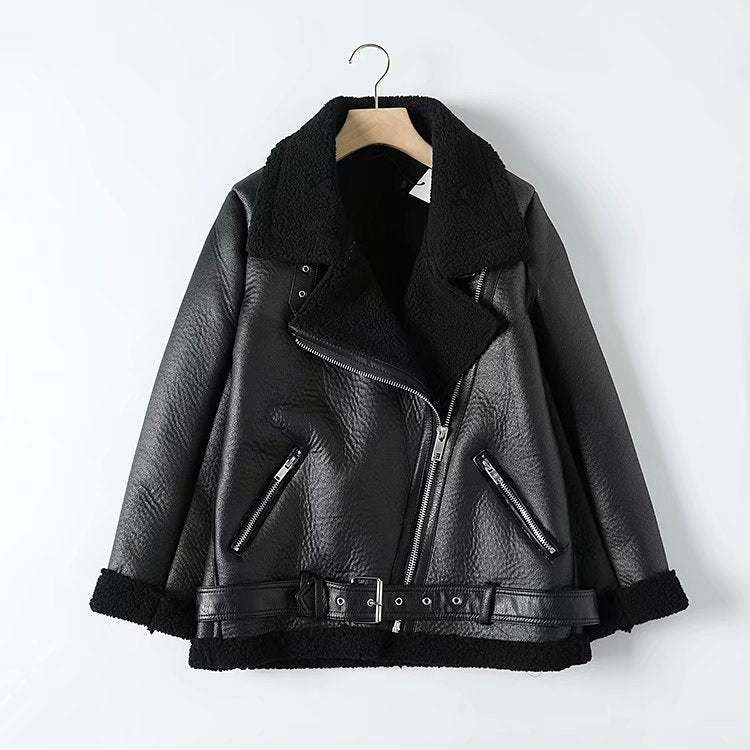 Fur Faux Leather Jacket w/ Belt & Turn Down Collar