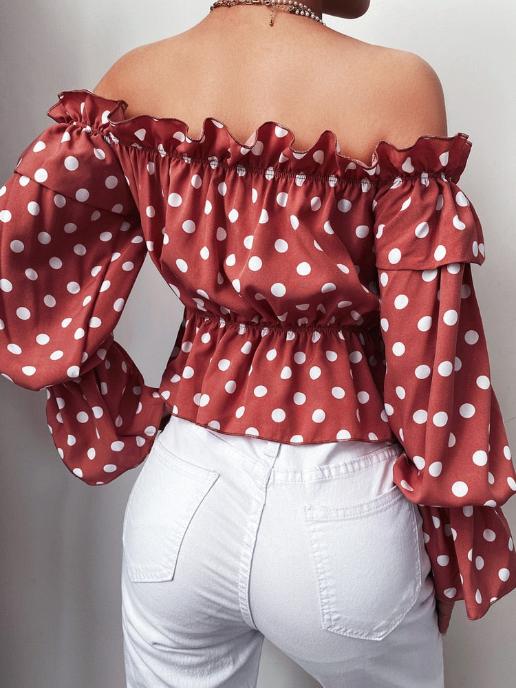 Off Shoulder Ruffled Long Sleeve Blouse