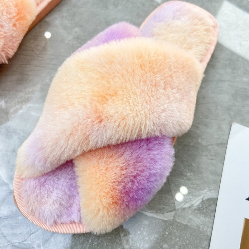 Mixed-Color Ladies Fur Slippers Rainbow Color Home Slippers