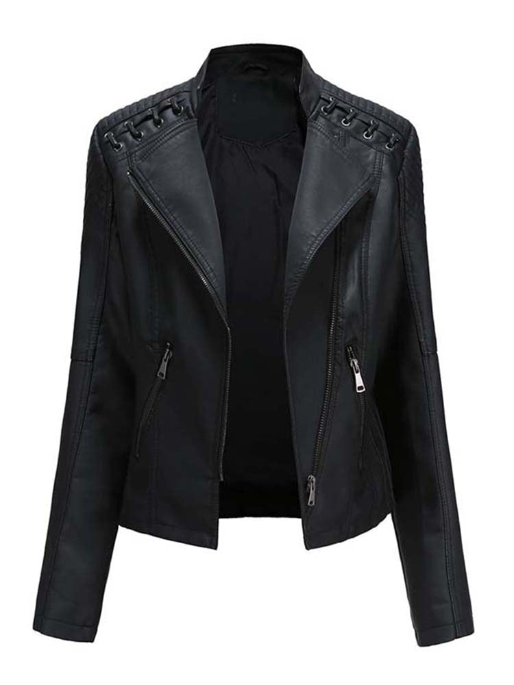 Faux Leather Ladies Zipper Slim Biker Motorcycle Jacket