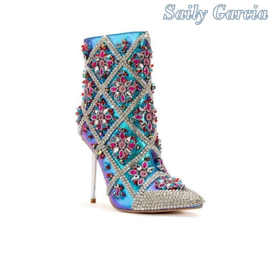 Rhinestone Decorated Stiletetto Heel Pointed Toe Ankle Boots