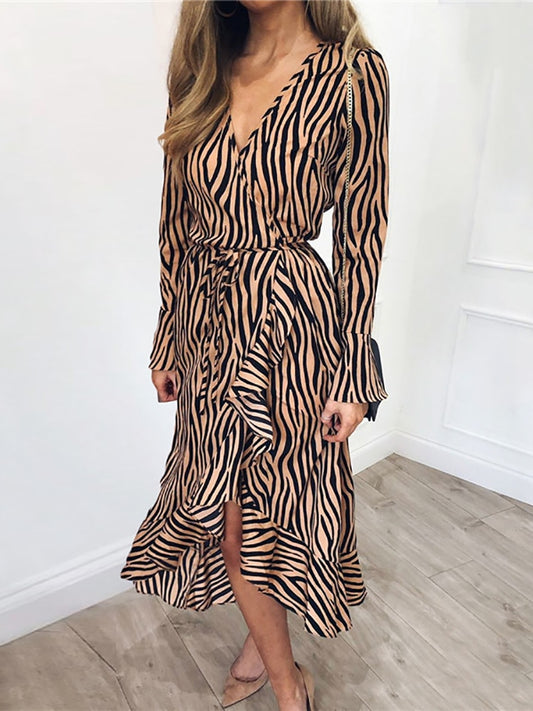 Zebra Print Bohemian Long Sleeve V-Neck Ruffled Party Dress