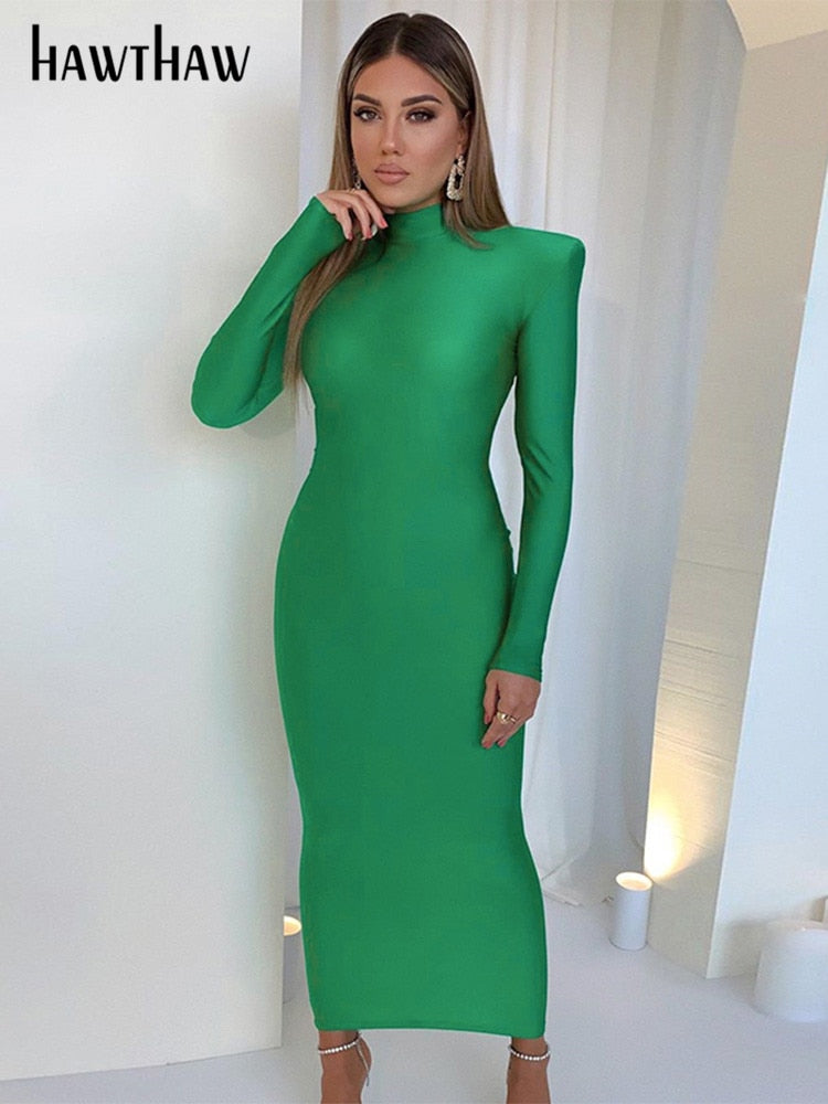 Shoulder Padded Long Sleeve Bodycon Club Maxi Dress