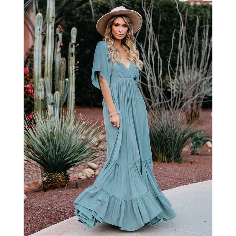 Tiered Vintage Pleated Solid Deep V-Neck Short Sleeve Maxi Dress