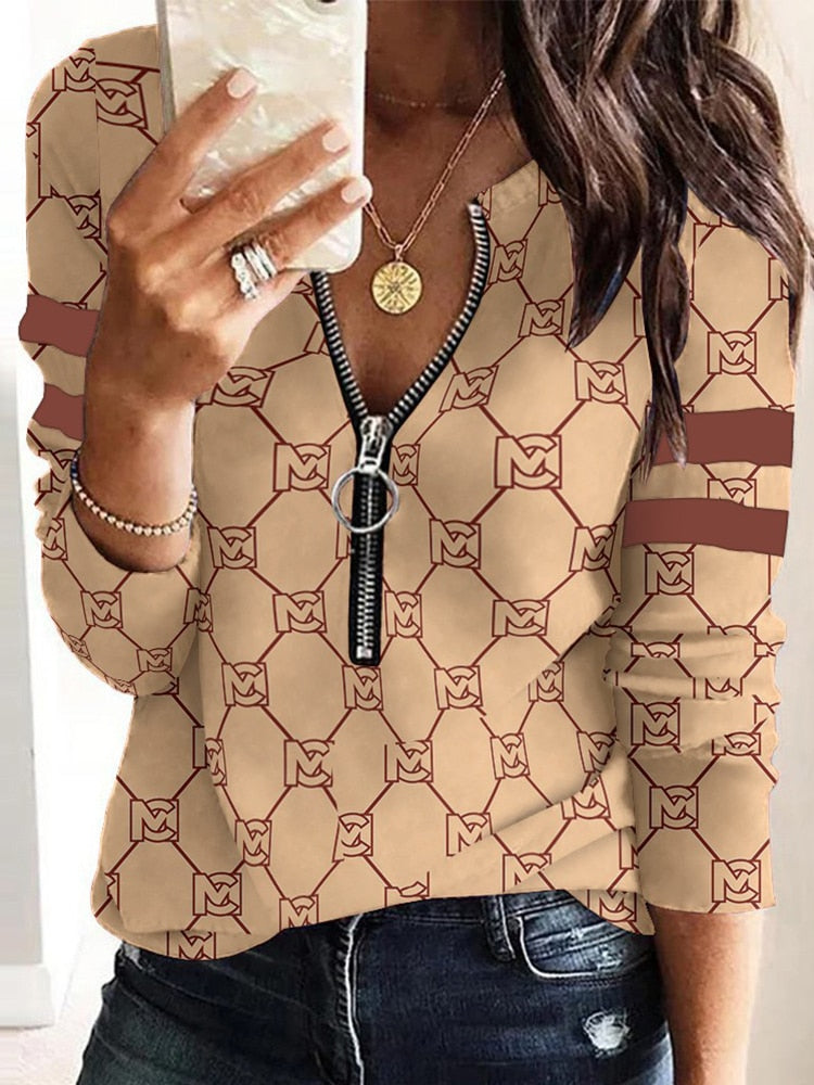 Geometric/Striped Zipper Front V-Neck Long Sleeve Sweater