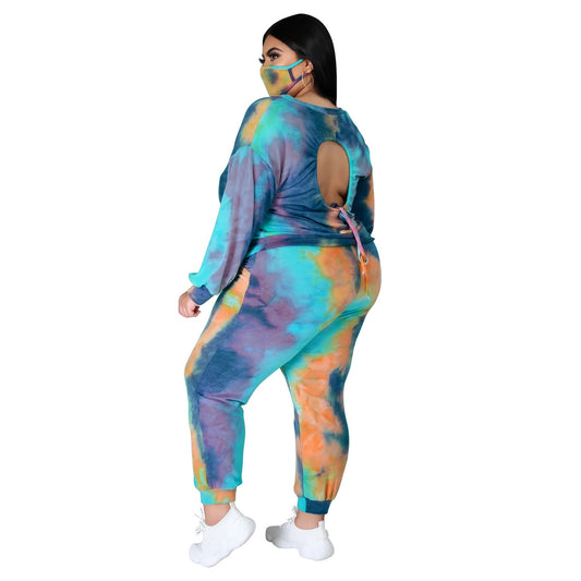 Tie-Dye Hollow-Out Open Lace-Up Back Long Sleeve Pullover Sweatshirt + Sweatpants Women's Tracksuit to 5X Plus Size