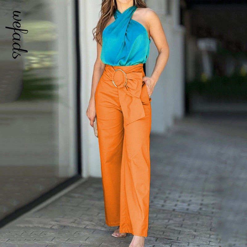 Halterneck Sleeveless Satin Top + Loose Wide Leg Long Pants 2-Piece Set