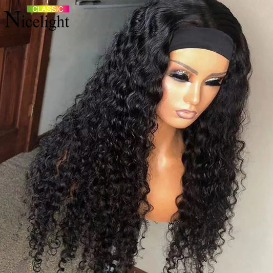 Deep Wave Brazilian Remy 100% Hiuman Hair Curly Headband Wigs Glueless