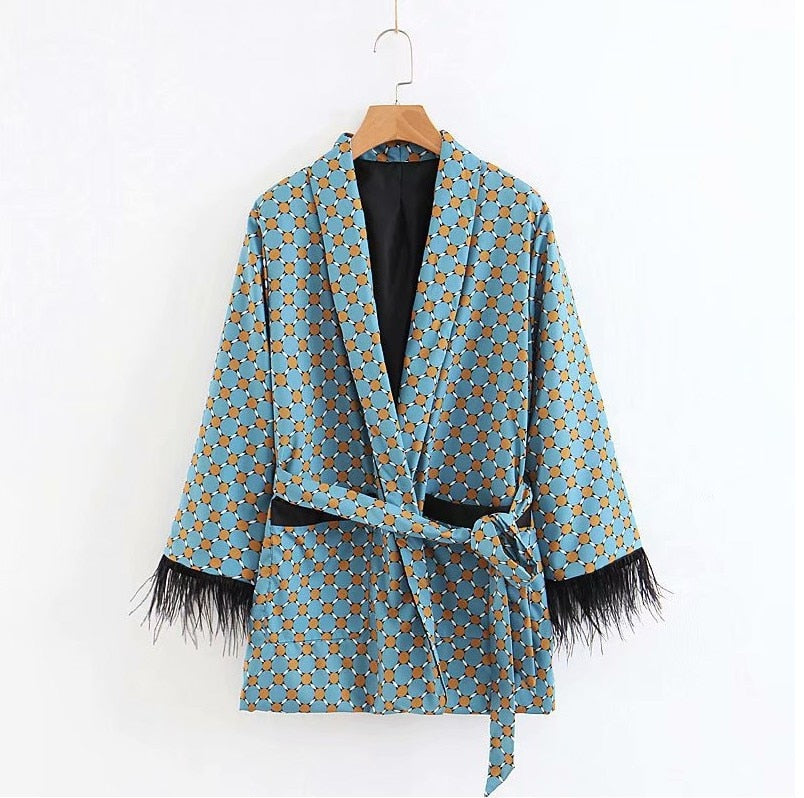 Monogram Print Kimono Jacket w/ Feather Sleeves + Wide Leg Pants Ladies 2-Piece Suit