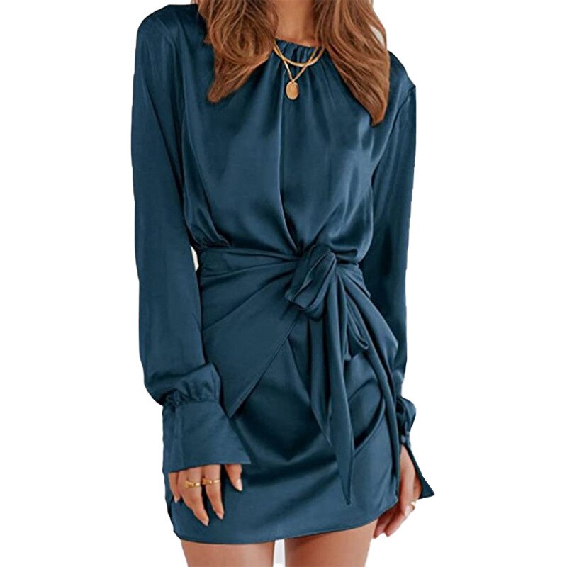 Satin Long Sleeve Round Neck Elastic Lace Dress w/ Belt