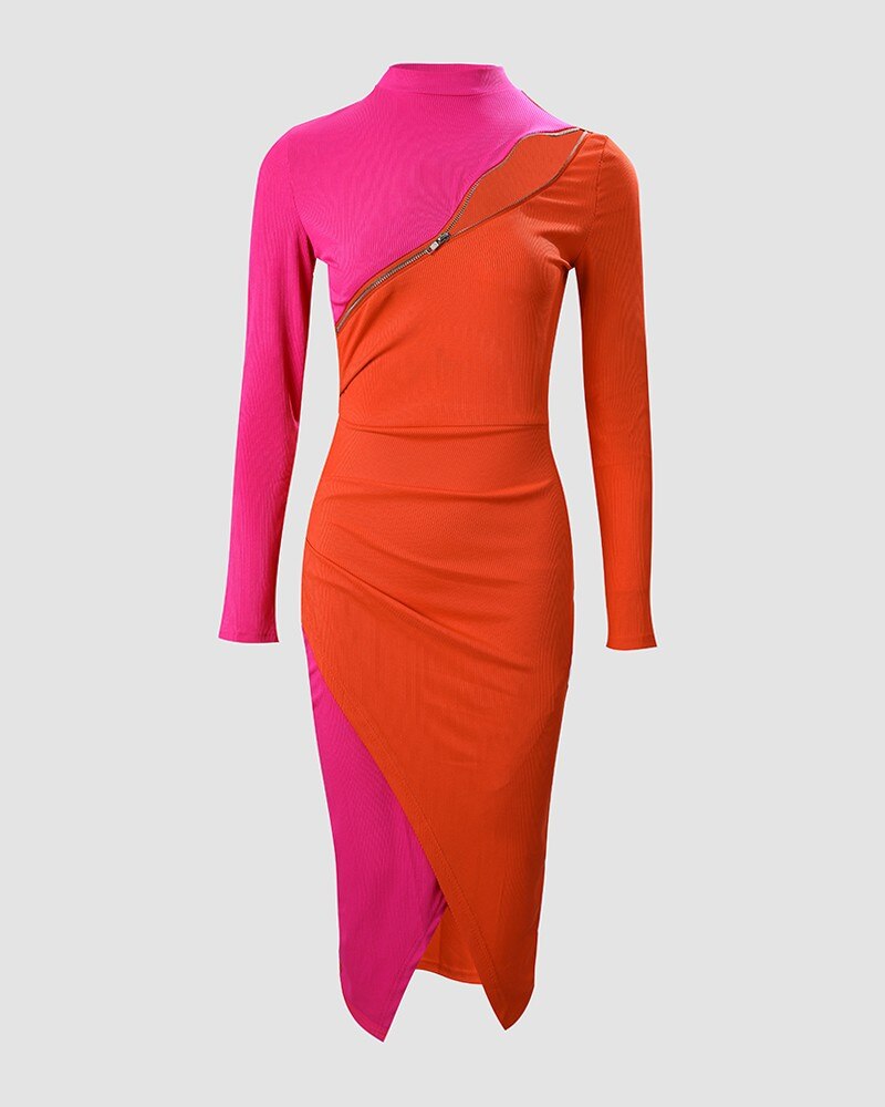 Colorblock Zipper Detail Long Sleeve Mock Neck Bodycon Midi Dress