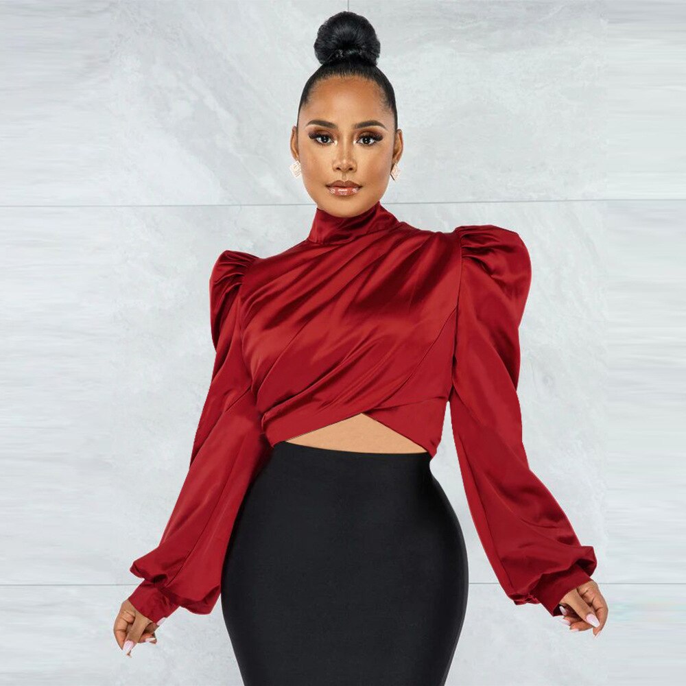 Draped Satin Women's Long Sleeve Blouse