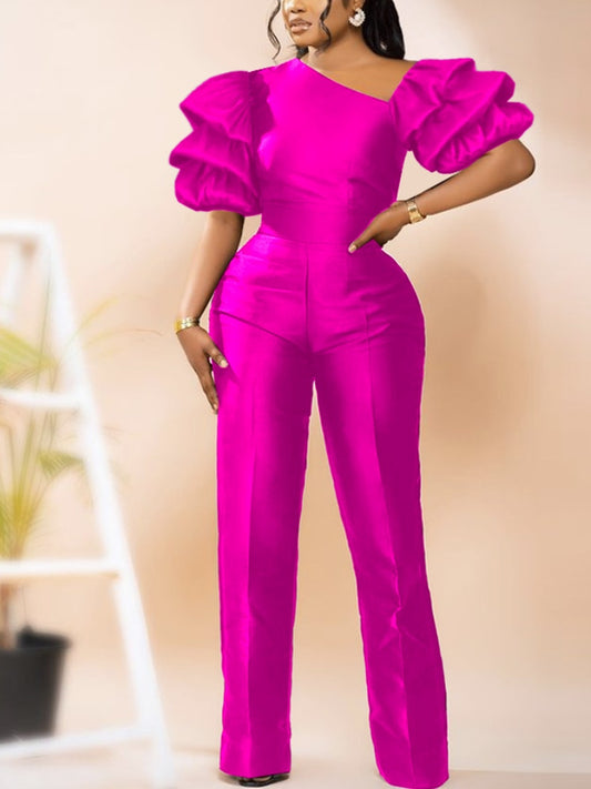 Asymmetrical Shiny Puff Sleeve Wide Leg Jumpsuit to 4X