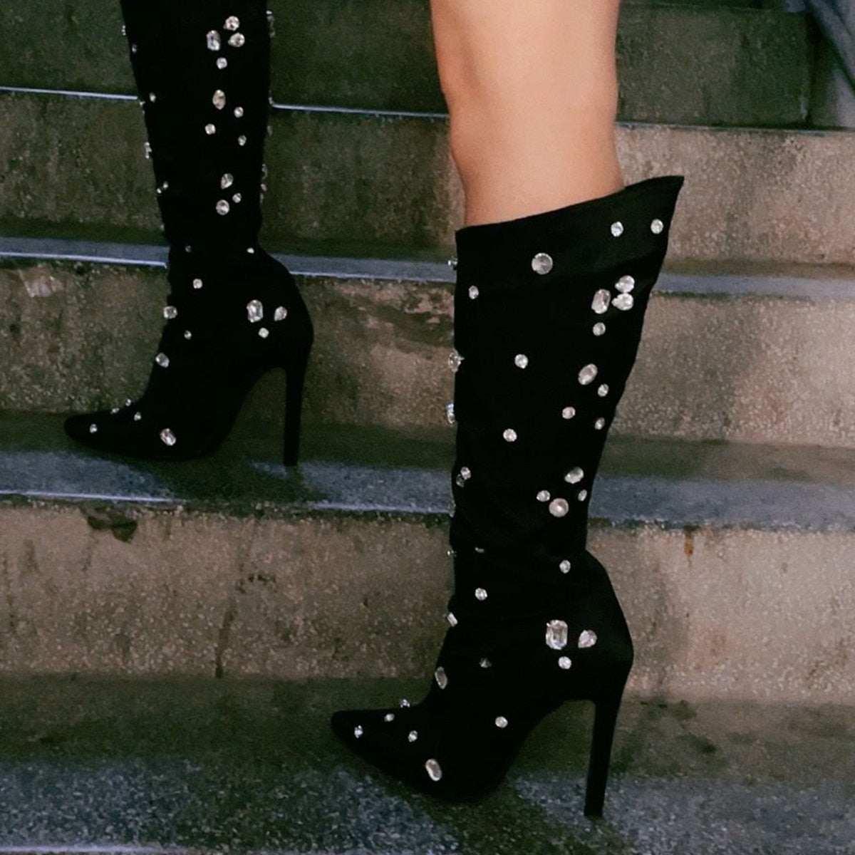 Metallic Leather Pointed Toe Stiletto Heel Thigh High Boots