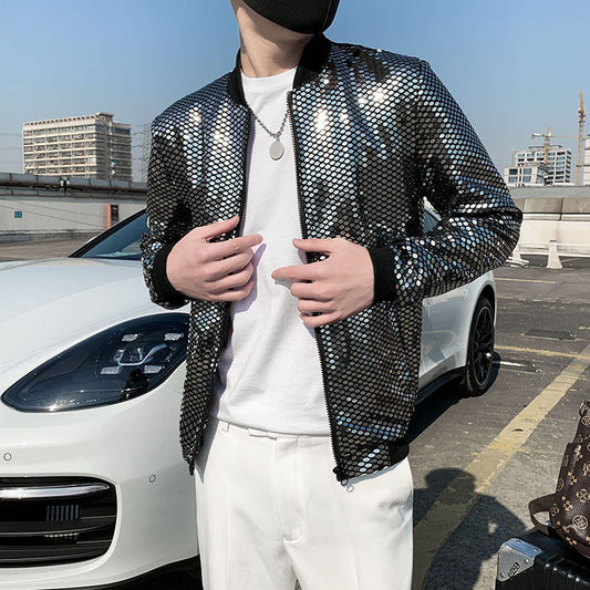 Men's Sequined Shiny Long Sleeve Glitter Zipper Bomber Jacket