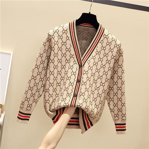 Jacquard Monogram Print Long Sleeve Jacket Button Ladies Sweater