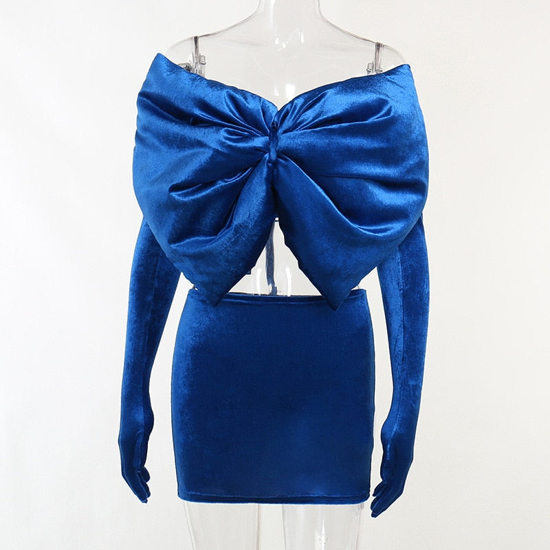 Velvet Oversized Bow Set: Dress w/ Gloves, Lace-Up Bowknot Strapless Crop Top + Bodycon Mini Skirt