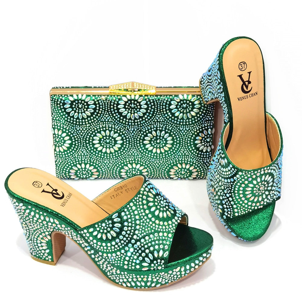 African Print Open Toe Slip On Platform Heel Sandals + Matching Clutch Purse Shoe & Purse Set