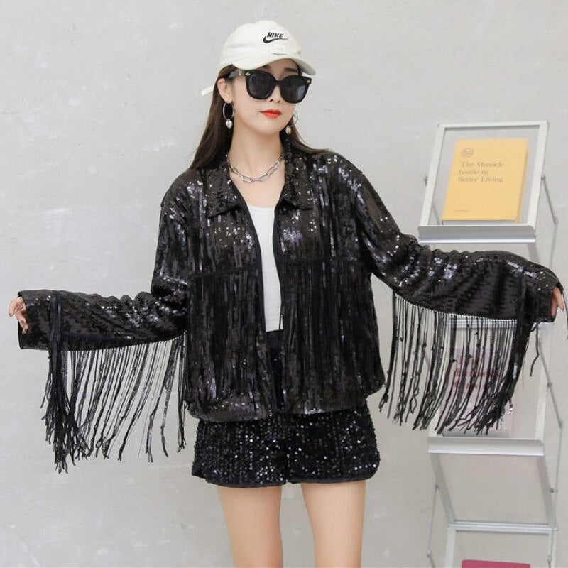Sequin Metallic Tassel Fringed Beaded Bomber Jacket