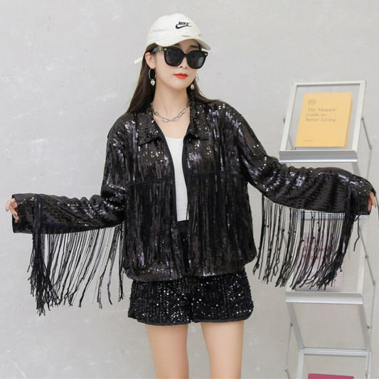 Sequin Metallic Tassel Fringed Beaded Bomber Jacket
