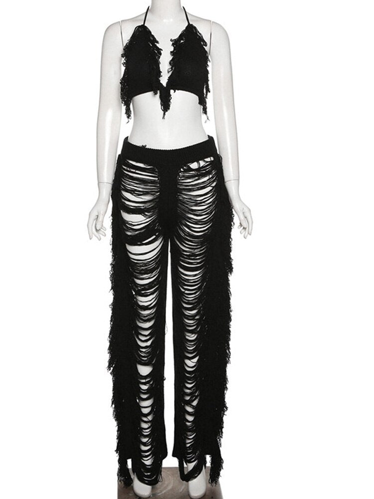 Tassel Cut-Out Fringe Knit Bra & Matching Pants 2-Piece Set