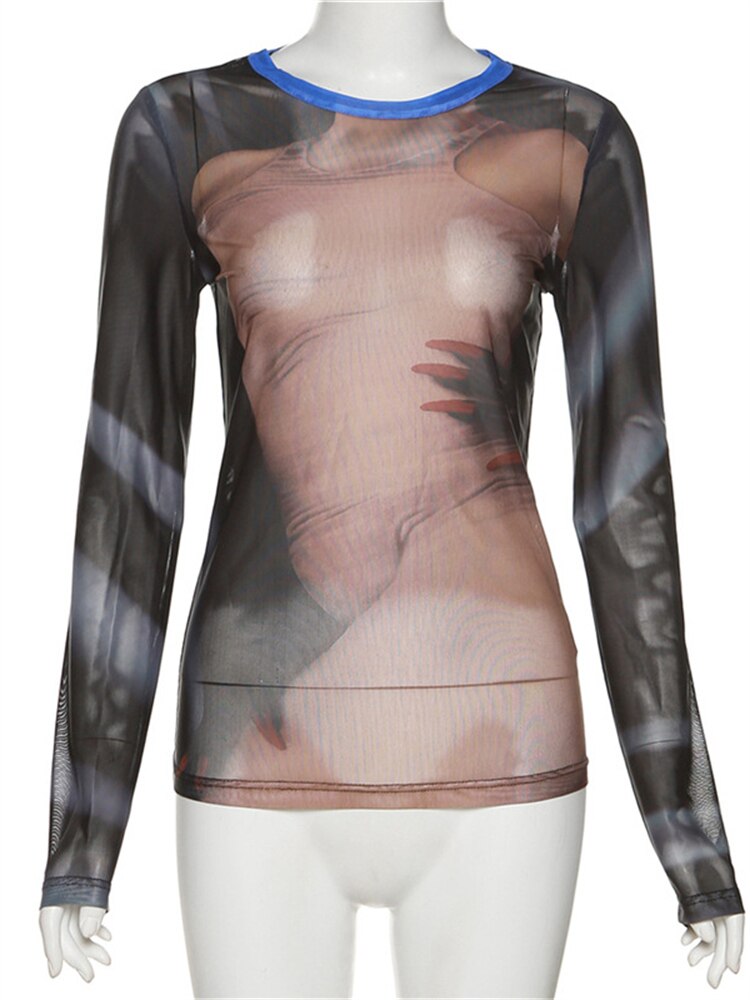 Sexy Mesh Print Long Sleeve O-Neck Top