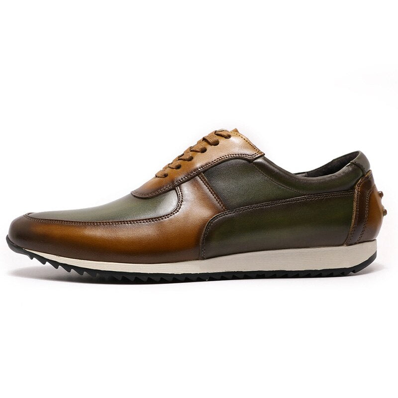 Men's Green/Brown Genuine Leather Hand Painted Oxford Lace-Up Sneakers