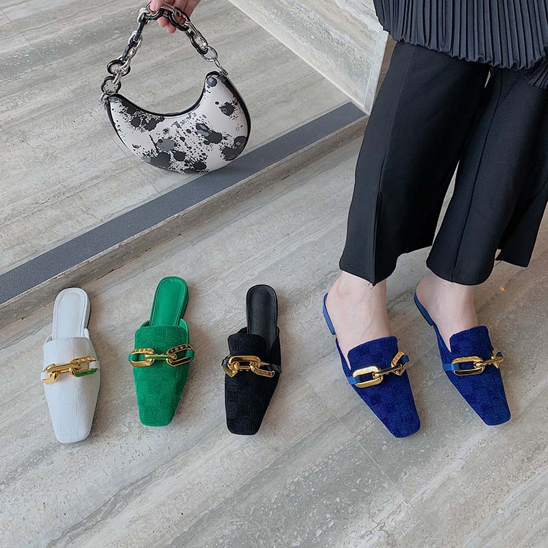 Metal Chain Square Toe Flat Mules