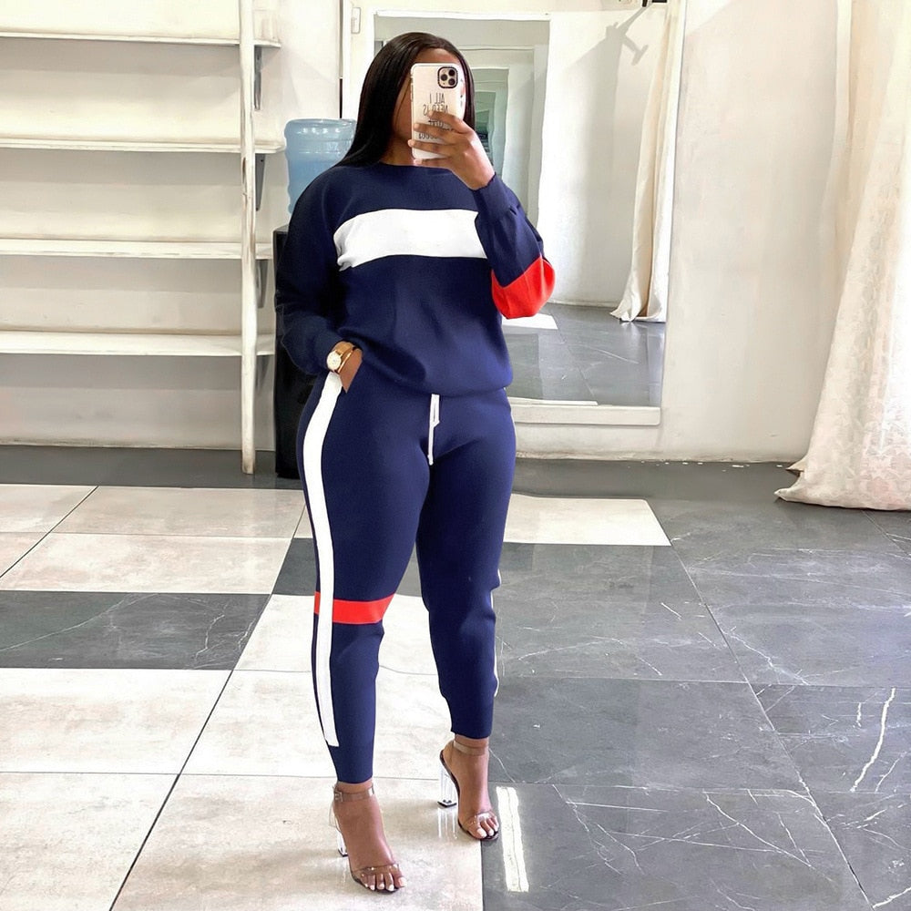 Striped Colorblock Plus Size Ladies Pullover Sweatshirt + Jogger Pants Tracksuit to 3X