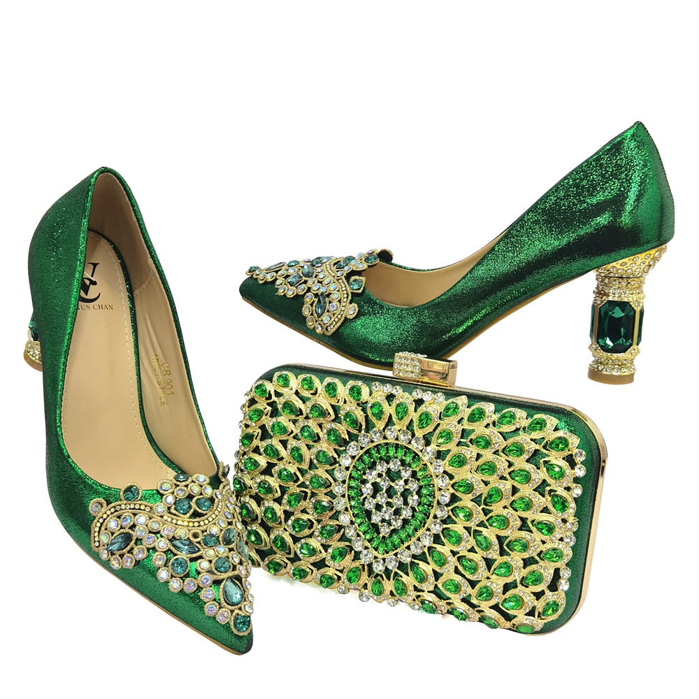 Italian Women's Catwalk Heels Pointed Rhinestone Embroidered Party Shoes & Bag Set