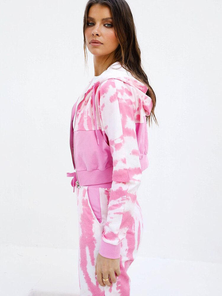 Tie Dye Women's 2-Piece Set- Zipper Long Sleeve Cardigan + Joggers Hoded Pockets