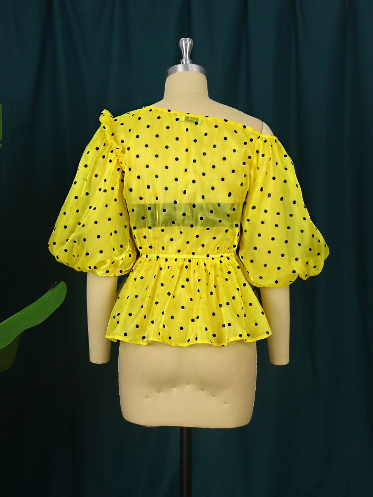 Off-the-Shoulder Yellow Polka Dot Short Puff Sleeve Blouse to 4X