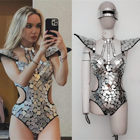 Mirror Bodysuit Costume Sequin Fly Shoulder Hollow Out Rave Stage Bodysuit