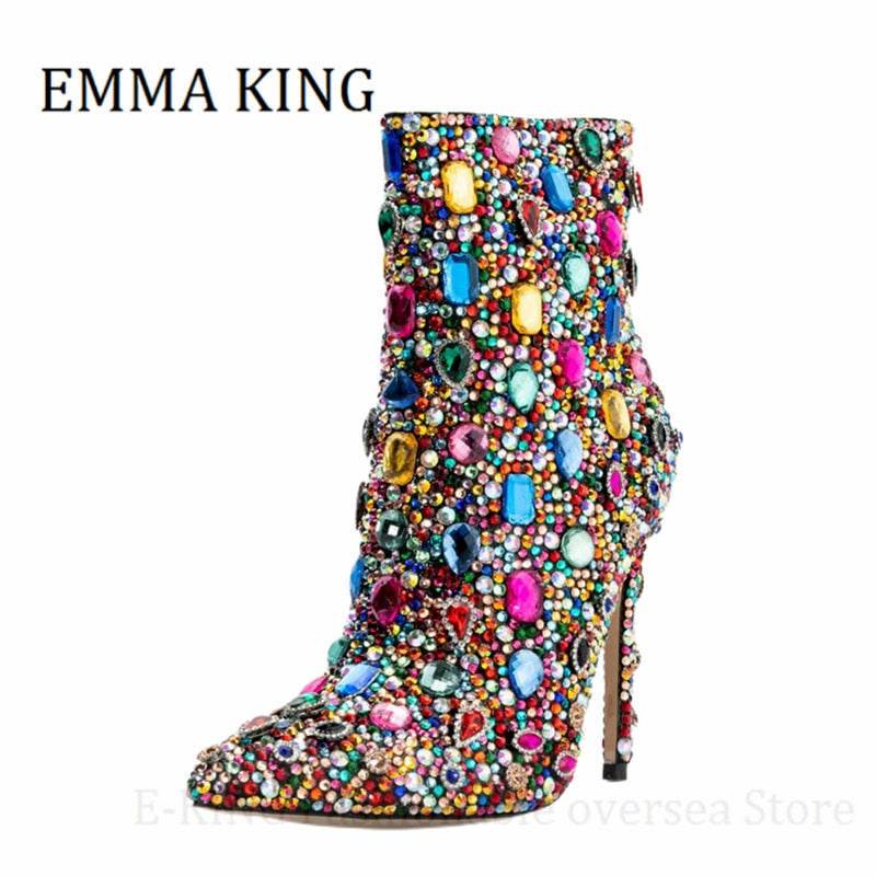 Multicolor Crystal Rhinestone Stiletto Heel Cocktail Ladies Ankle Boots